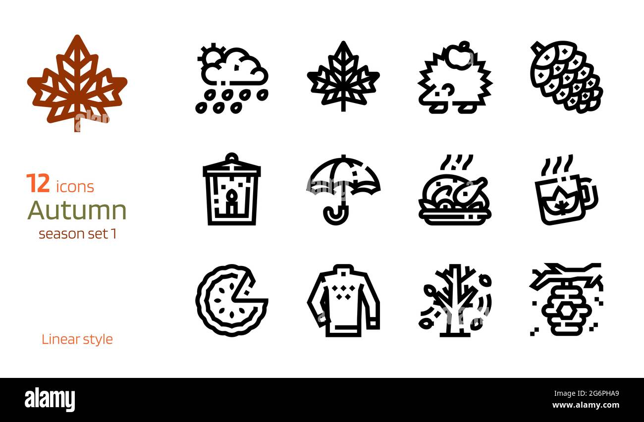 Symbolvektor für den Herbst. Kollektion von Saison-Attributen im linearen Stil Stock Vektor