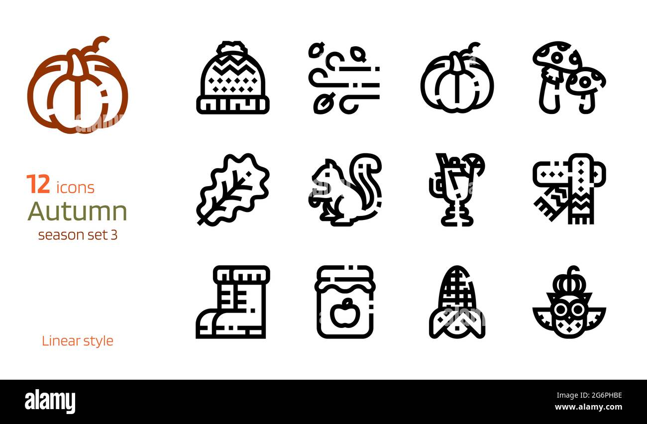 Symbolvektor für den Herbst. Kollektion von Saison-Attributen im linearen Stil Stock Vektor