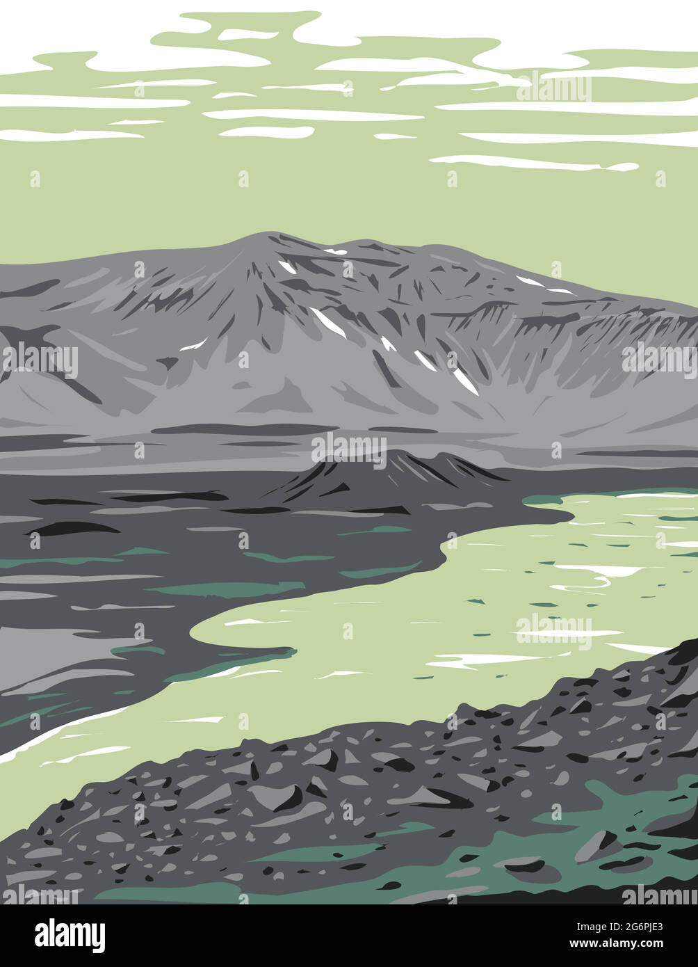 WPA-Plakatkunst einer Caldera in der abgelegenen Wildnis der Alaska-Halbinsel im Aniakchak National Monument und Preserve USA in Works-Projekt adminis durchgeführt Stock Vektor