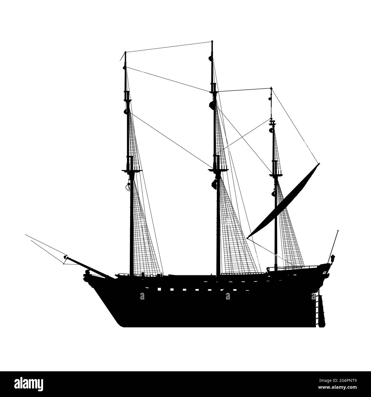 Silhouette eines Segelschiffes isoliert auf weißem Hintergrund. Seitenansicht. Vektorgrafik. Stock Vektor