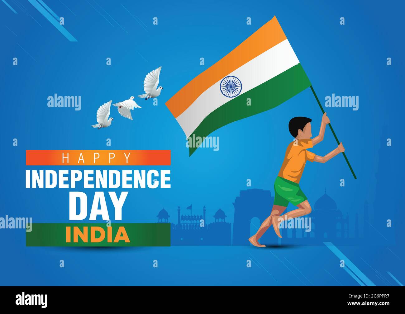 Happy Independence Day Indien Poster, ein Junge läuft mit indischer Flagge. vektor-Illustration Design Stock Vektor