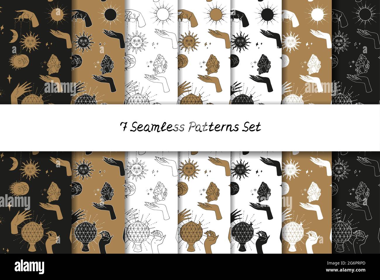 Nahtlose Muster mit handgezeichneten Doodle Linie Kunst weibliche Hexenhände halten Sonne und Mond gesetzt Stock Vektor