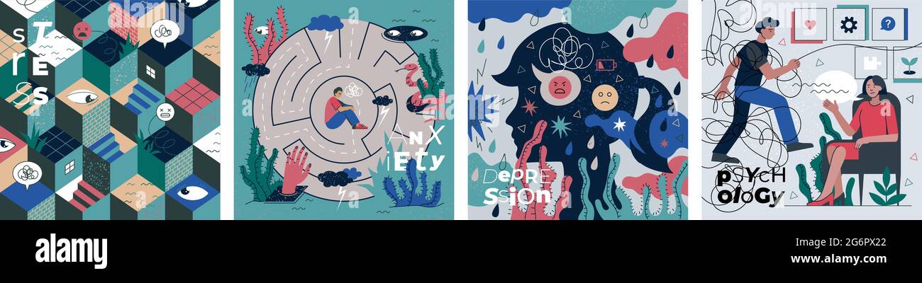 Psychologie, Stress, Angst und Depression abstraktes Bannerset. Visualisierung psychedelisches menschliches Denken, Denken und Emotionen. Geistesstörung Krankheiten Probleme. Medizinische Behandlung psychische Vektor-Poster Stock Vektor