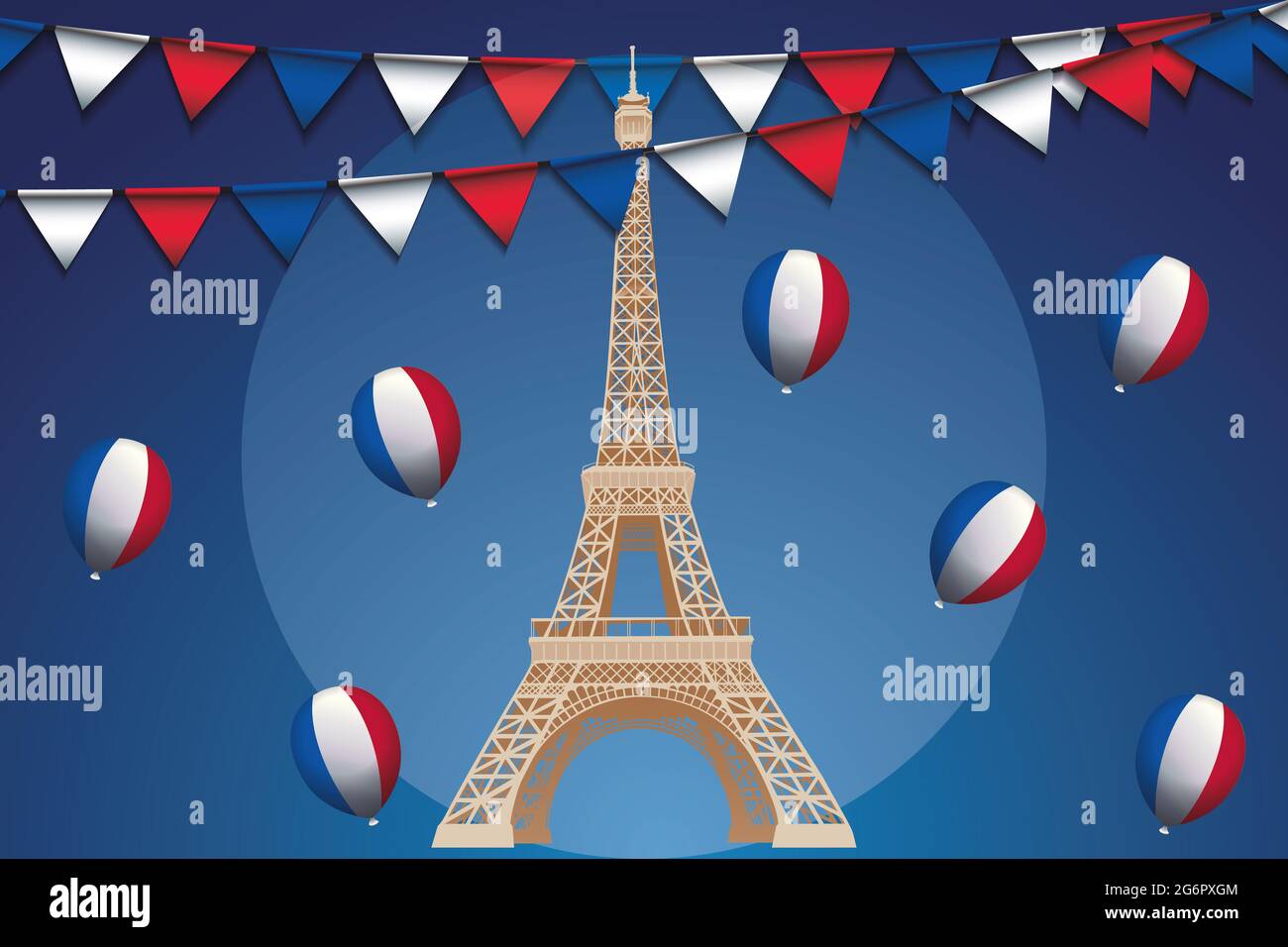 Bastille-Tag 14 1789. juli - Eiffelturm im Fokus Frankreich blau-weiß-Rouge - Illustration mit verschiedenen französischen Elementen - nützlich für Designer Stockfoto
