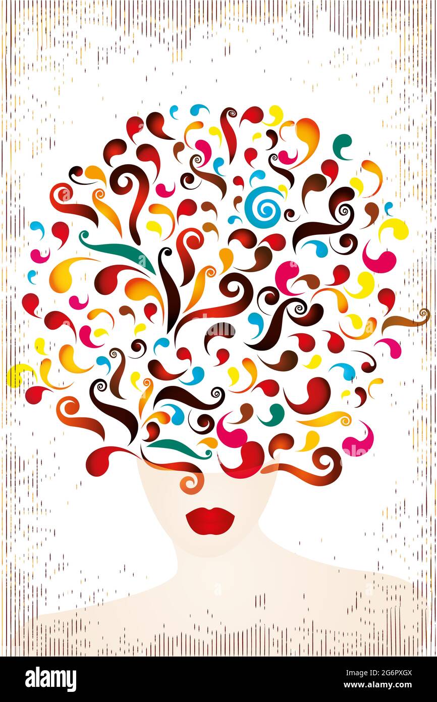 Denken Sie kreativ - Illustration von einem Teil der Frau Silhouette senden bunte Wirbel gemacht - einzigartige Kunstwerke Stockfoto
