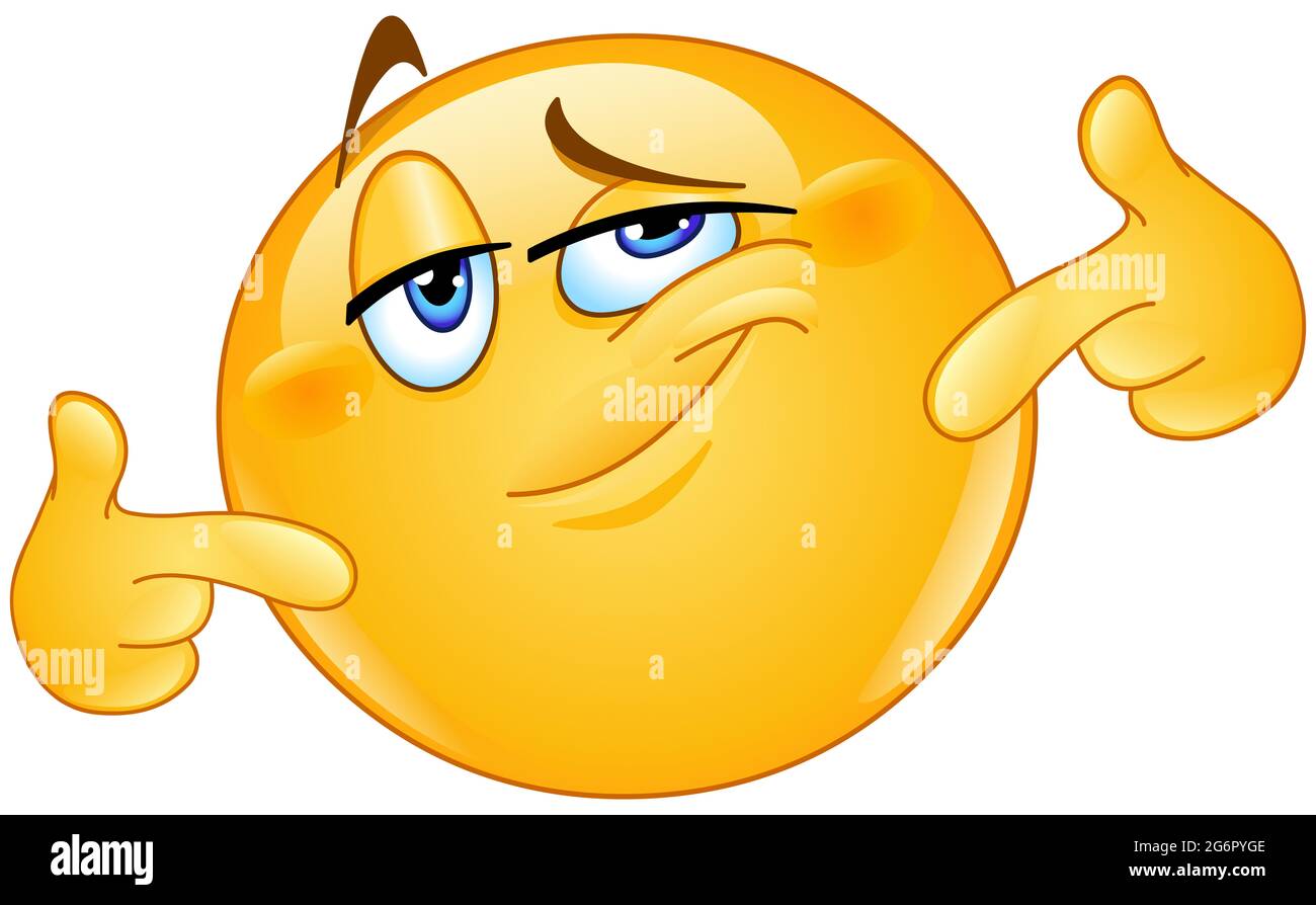 Emoji emoticon stolz auf sich selbst, zeigt sich mit den Fingern glücklich Stockfotografie Alamy