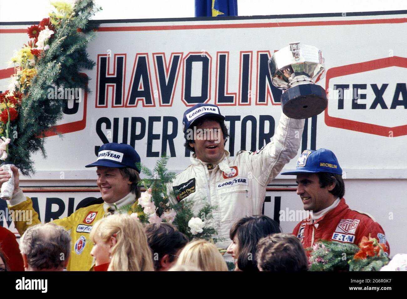 AUTO - F1 1978 - BELGIEN GP - ZOLDER 21/05/1978 - FOTO : DPPIMARIO ANDRETTI (USA) / LOTUS FORD COSWORTH - RONNIE PETERSON / LOTUS - CARLOS REUTEMANN / FERRARI - PODIUM Stockfoto