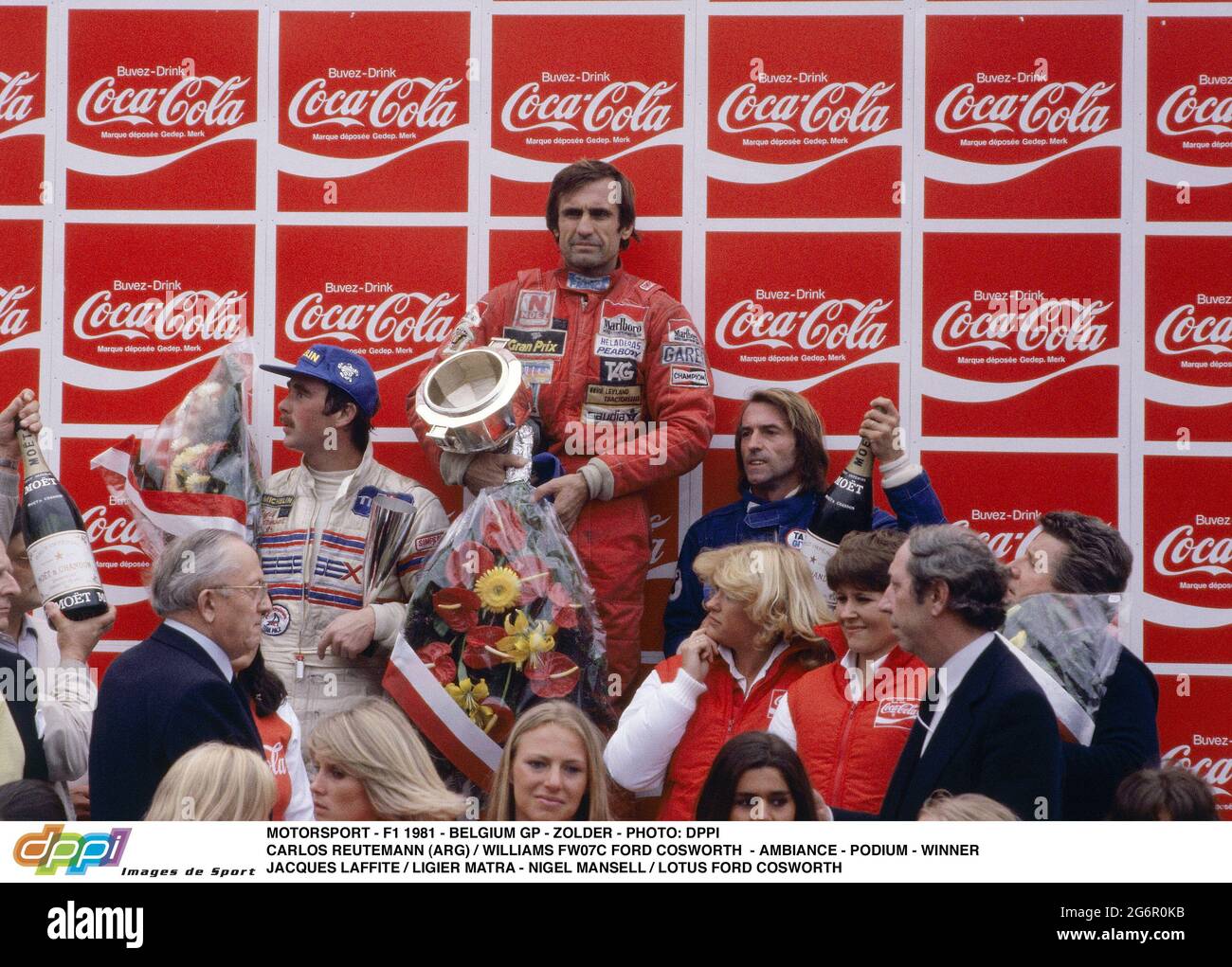 MOTORSPORT - F1 1981 - BELGISCHER GP - ZOLDER - FOTO: DPPI CARLOS REUTEMANN (ARG) / WILLIAMS FW07C FORD COSWORTH - AMBIENTE - PODIUM - SIEGER JACQUES LAFFITE / LIGIER MATRA - NIGEL MANSELL / LOTUS FORD COSWORTH Stockfoto