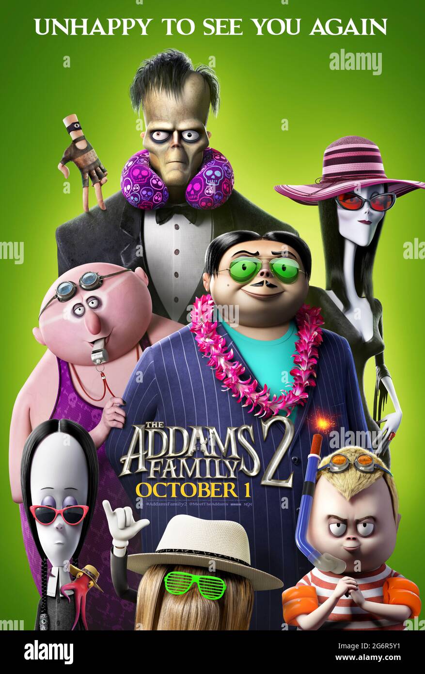 The Addams Family 2 (2021) unter der Regie von Greg Tiernan, Conrad Vernon und Laura Brousseau mit Charlize Theron, Chloë Grace Moretz, Oscar Isaac und Snoop Dogg. Onkel Fester, Gomez, Morticia, Pugsley, Wednesday und der Rest des Addams-Clans kehren zurück und begeben sich auf eine Reise durch Amerika. Stockfoto