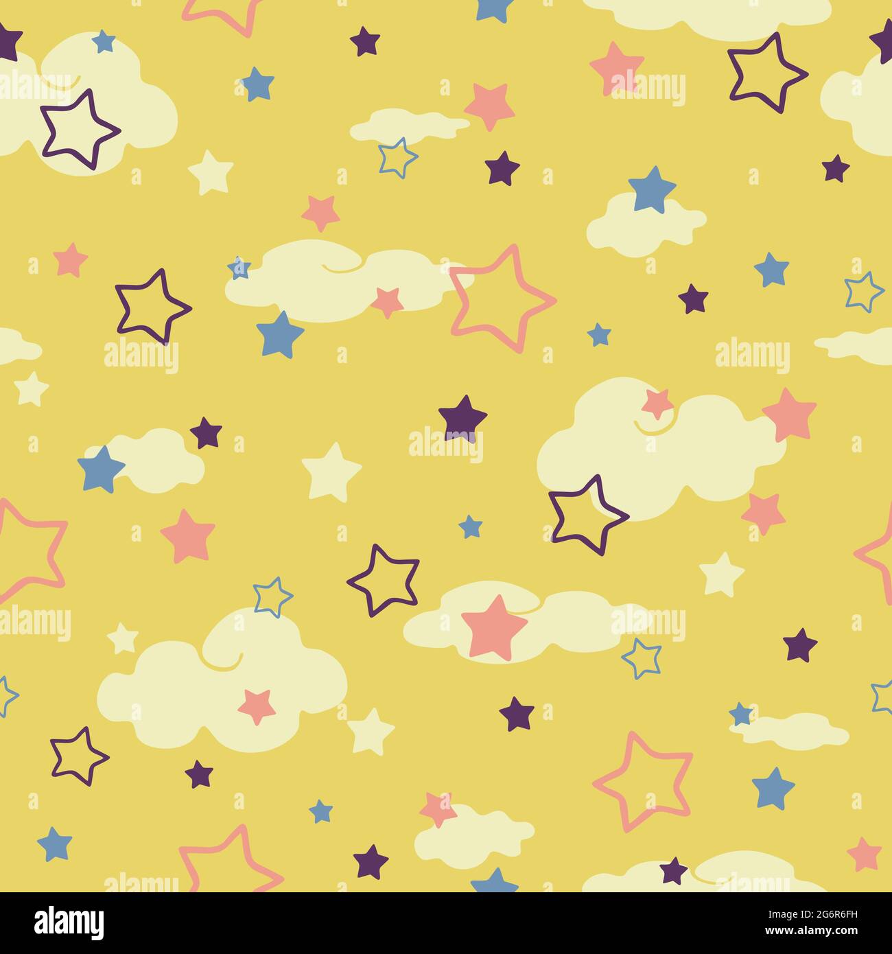 Nahtloses Vektormuster mit Wolken und Sternen auf gelbem Hintergrund. Einfaches Tapetendesign für Kinder. Baby Dusche Mode Textil. Stock Vektor