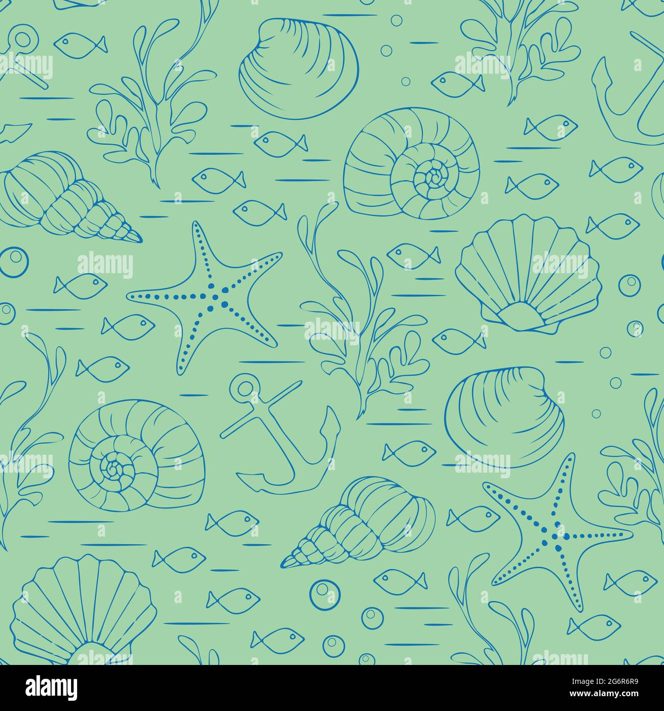 Nahtloses Vektormuster mit umrissenen Muscheln auf grünem Hintergrund. Einfaches Unterwasser-Tapete-Design. Dekorative aquatische Mode Textil. Stock Vektor