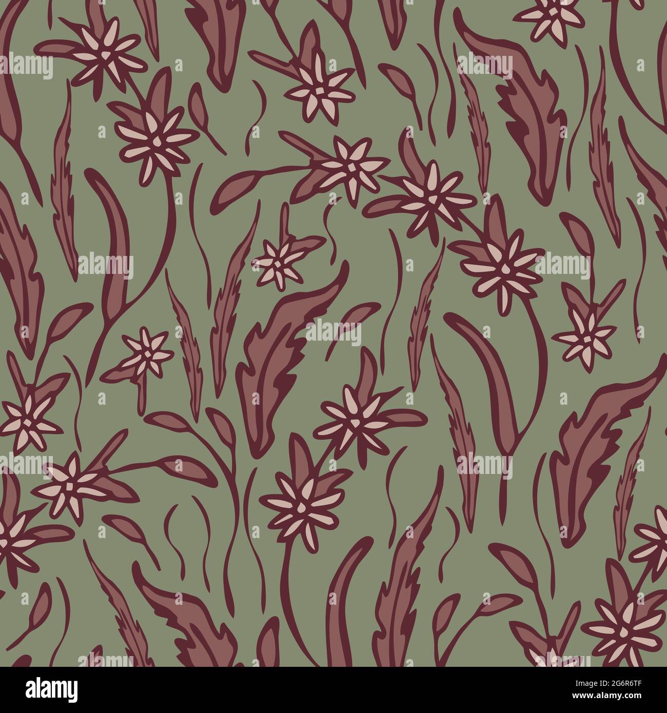 Nahtloses Vektor-Muster mit Vintage-Blumenwiese auf dunkelgrünem Hintergrund. Rustikale florale Tapetenstruktur. Dekorative handgezeichnete Mode Textil. Stock Vektor