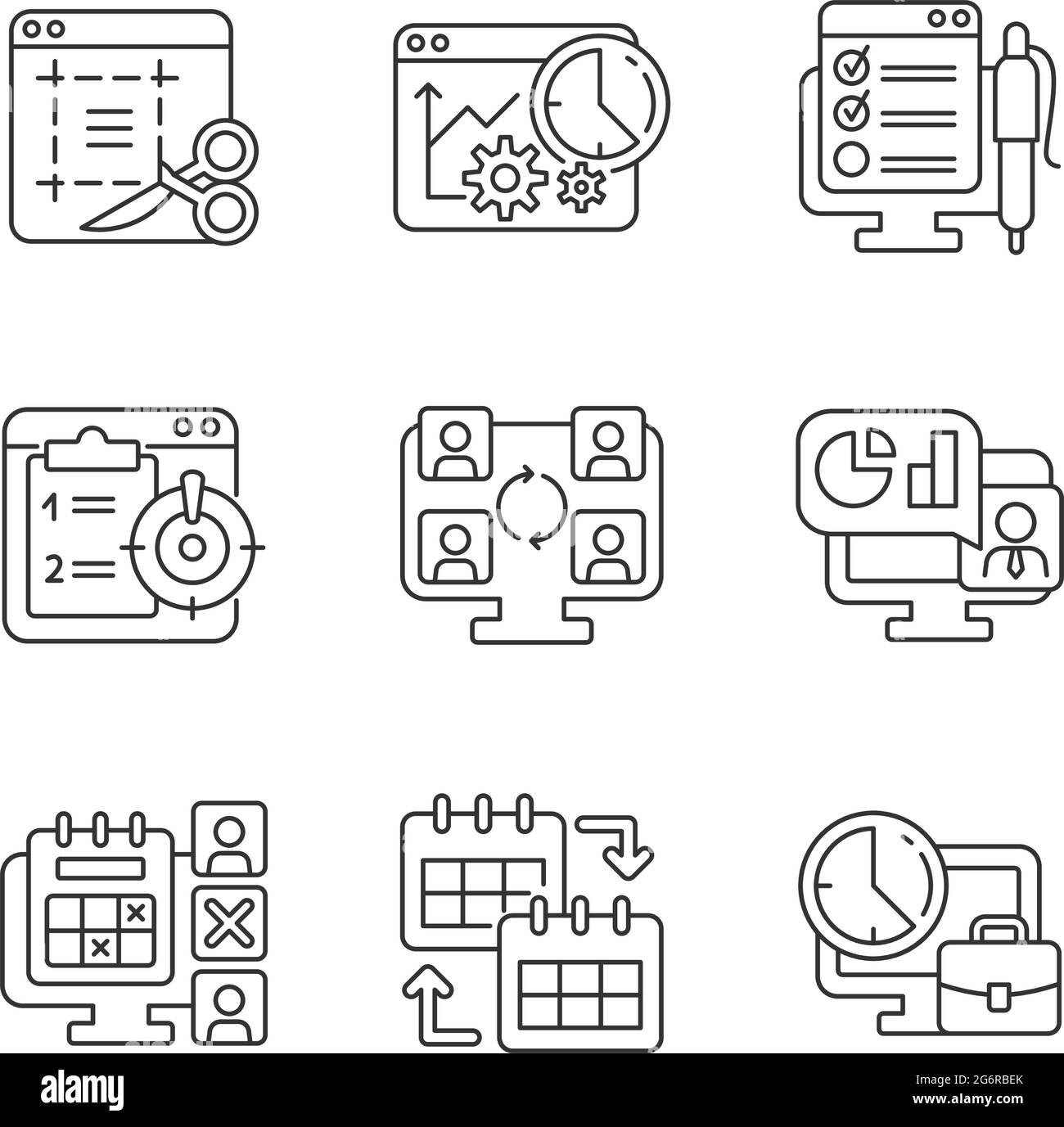 Werkzeuge für die Arbeitsüberwachung, lineare Symbole gesetzt Stock Vektor