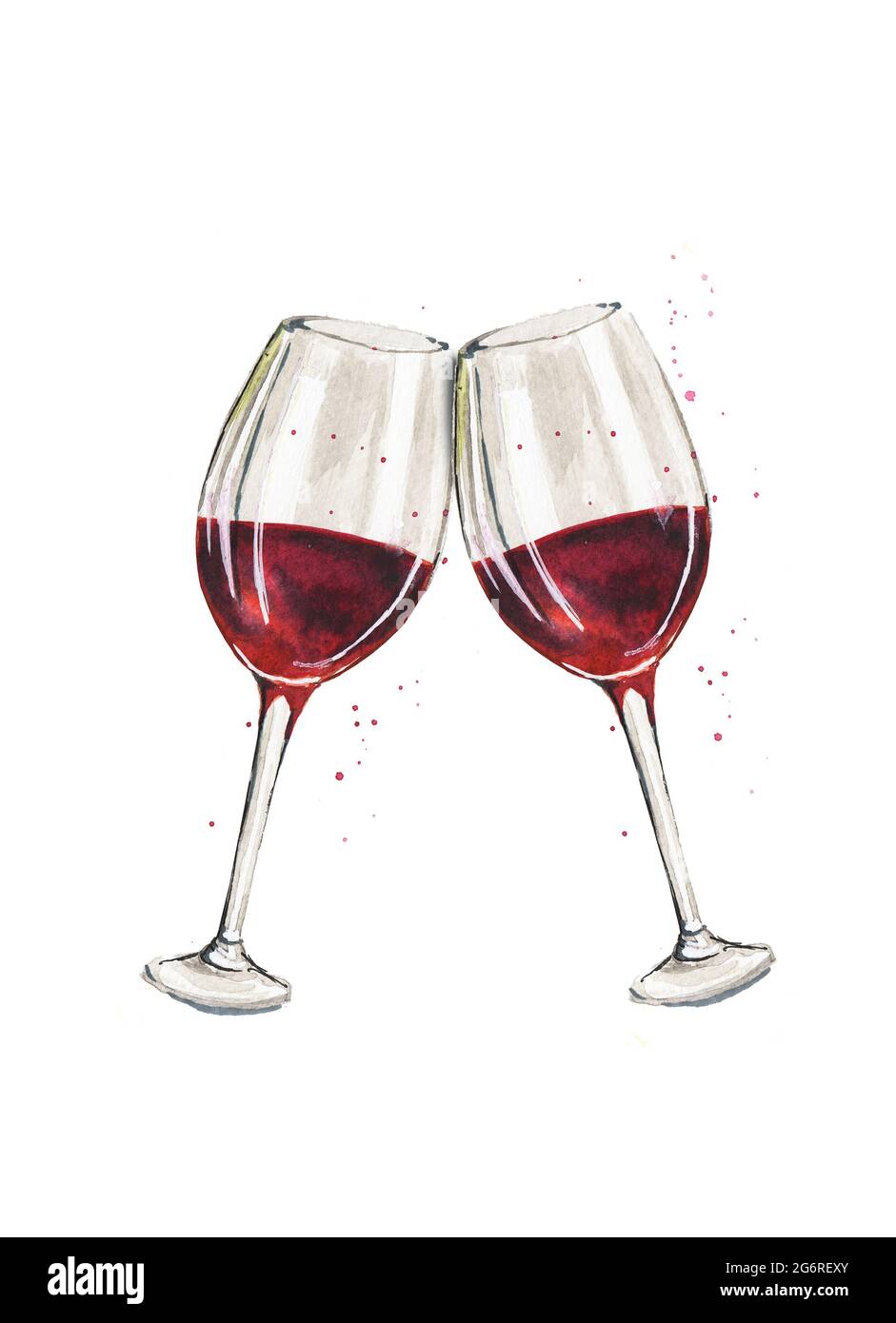 Handbemalte Aquarelldarstellung von zwei Gläsern Rotwein in Gläsern, die zum Feiern zusammenklirren Stockfoto