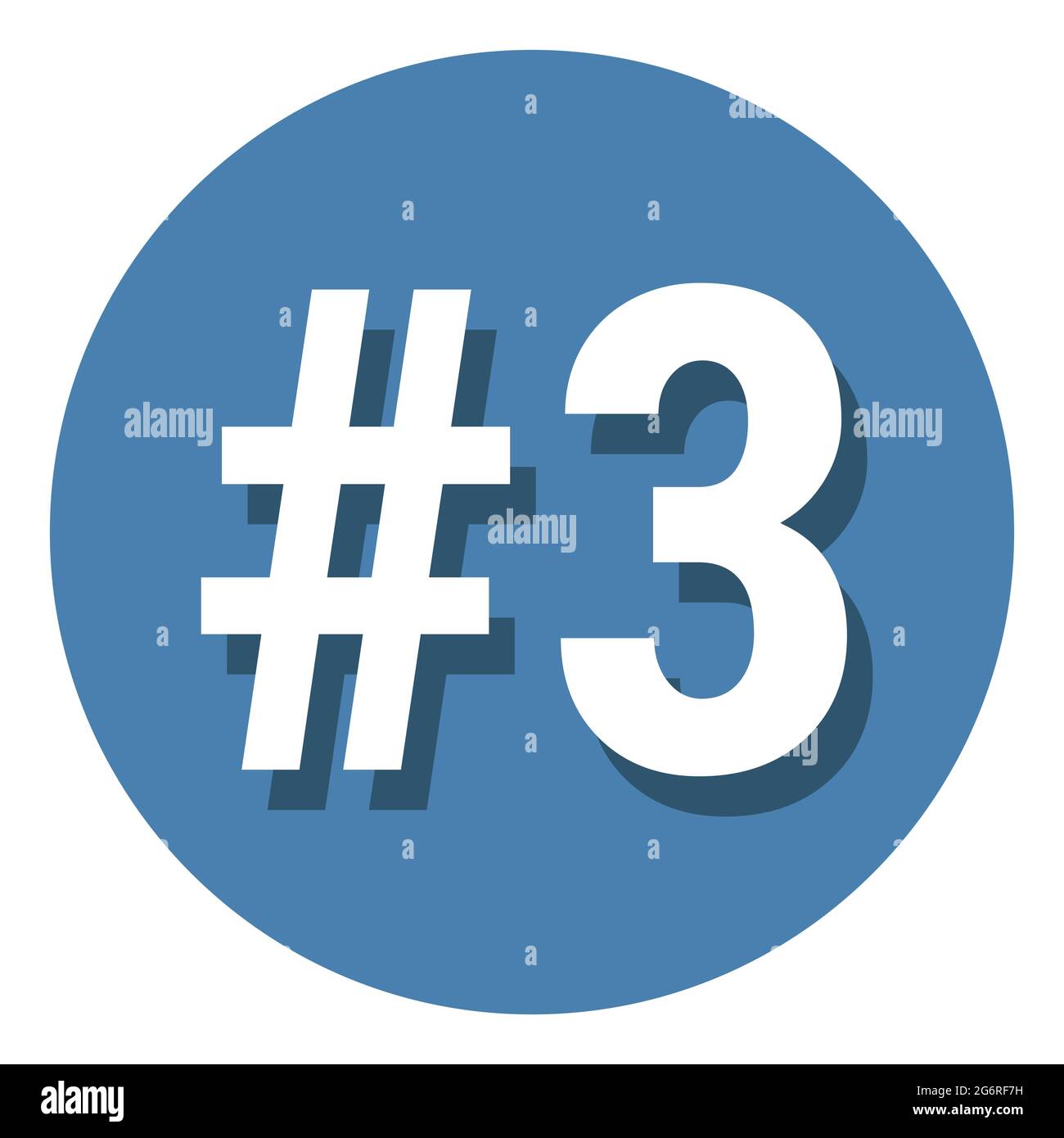 Zahl 3 drei Symbol Zeichen im Kreis, 3. Dritte Zählung Hashtag-Symbol. Einfache Vektorgrafik in flachem Design. Weiß mit Schatten auf blauem Hintergrund. Stock Vektor