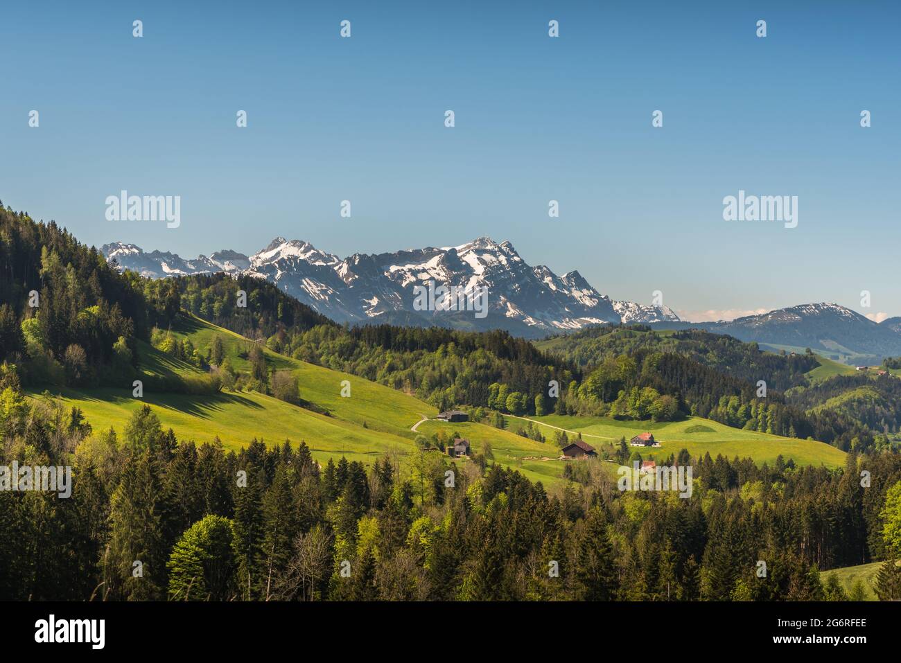 Appenzellerland mit Blick auf den Saentis, Kanton Appenzell Ausserrhoden, Schweiz Stockfoto