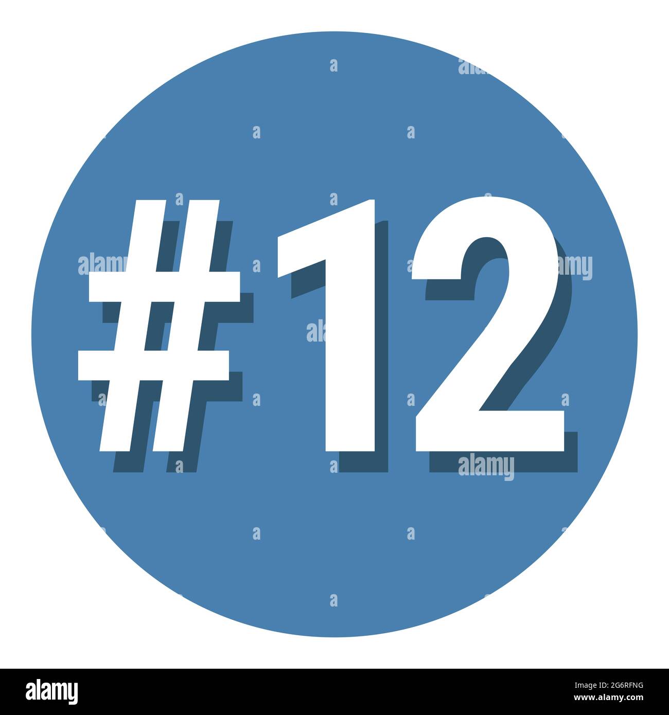 Zahl 12 zwölf Symbolzeichen im Kreis, 12. Zwölfte Zählung Hashtag-Symbol.  Einfache Vektorgrafik in flachem Design. Weiß mit Schatten auf blauem  Hintergrund Stock-Vektorgrafik - Alamy