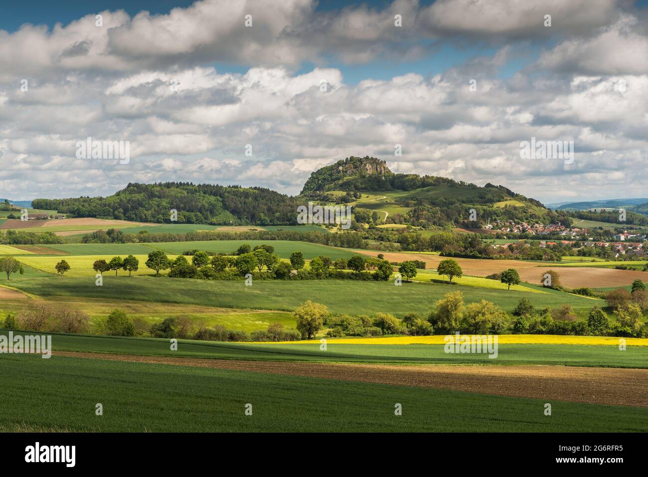 Hegauer Landschaft mit dem Hohentwiel, Landkreis Konstanz, Baden-Württemberg, Deutschland Stockfoto