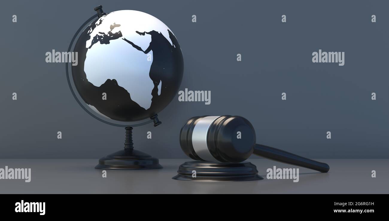 School Globe Planet Erde und Richter Auktion Gavel auf Tisch, Internationale Rechtsstudien und weltweite Gesetze und Gesetzgebung Konzept, 3d-Illustration Stockfoto