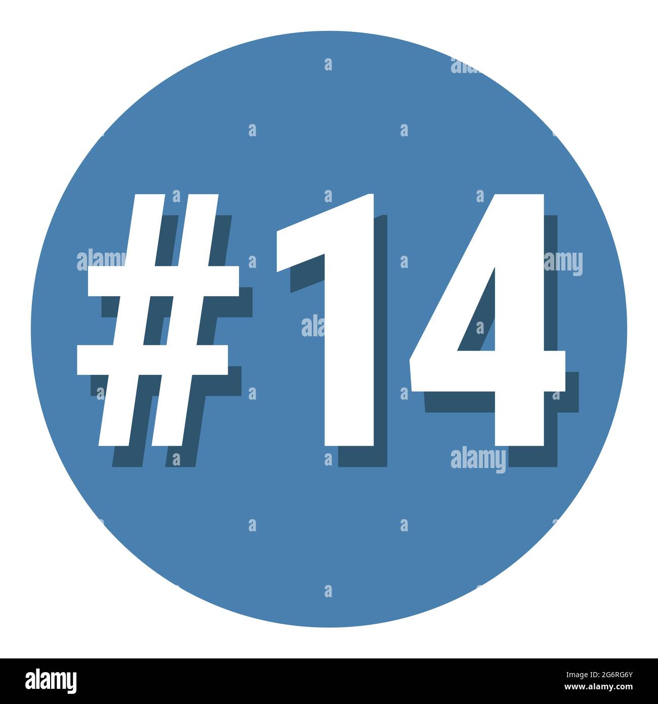 Zahl 14 vierzehn Symbol Zeichen im Kreis, 14. Vierzehnten Zählung Hashtag-Symbol. Einfache Vektorgrafik in flachem Design. Weiß mit Schatten auf blauem Hintergrund Stock Vektor