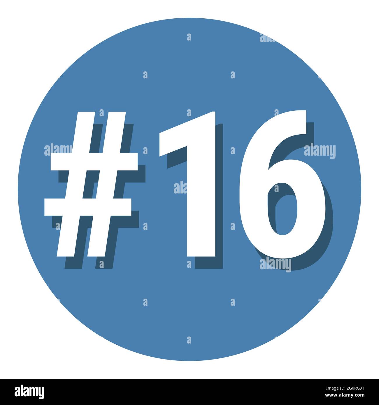 Zahl 16 sechzehn Symbolzeichen im Kreis, 16. Sechzehnte Zählung Hashtag-Symbol. Einfache Vektorgrafik in flachem Design. Weiß mit Schatten auf blauem Hintergrund Stock Vektor