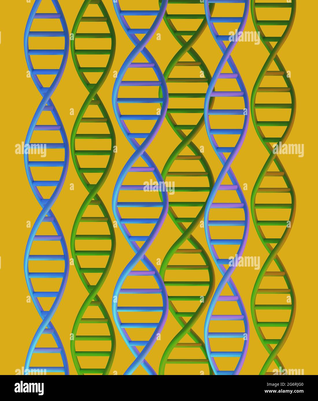 DNA-Molekülstruktur auf gelbem Hintergrund, 3d-Rendering Stockfoto
