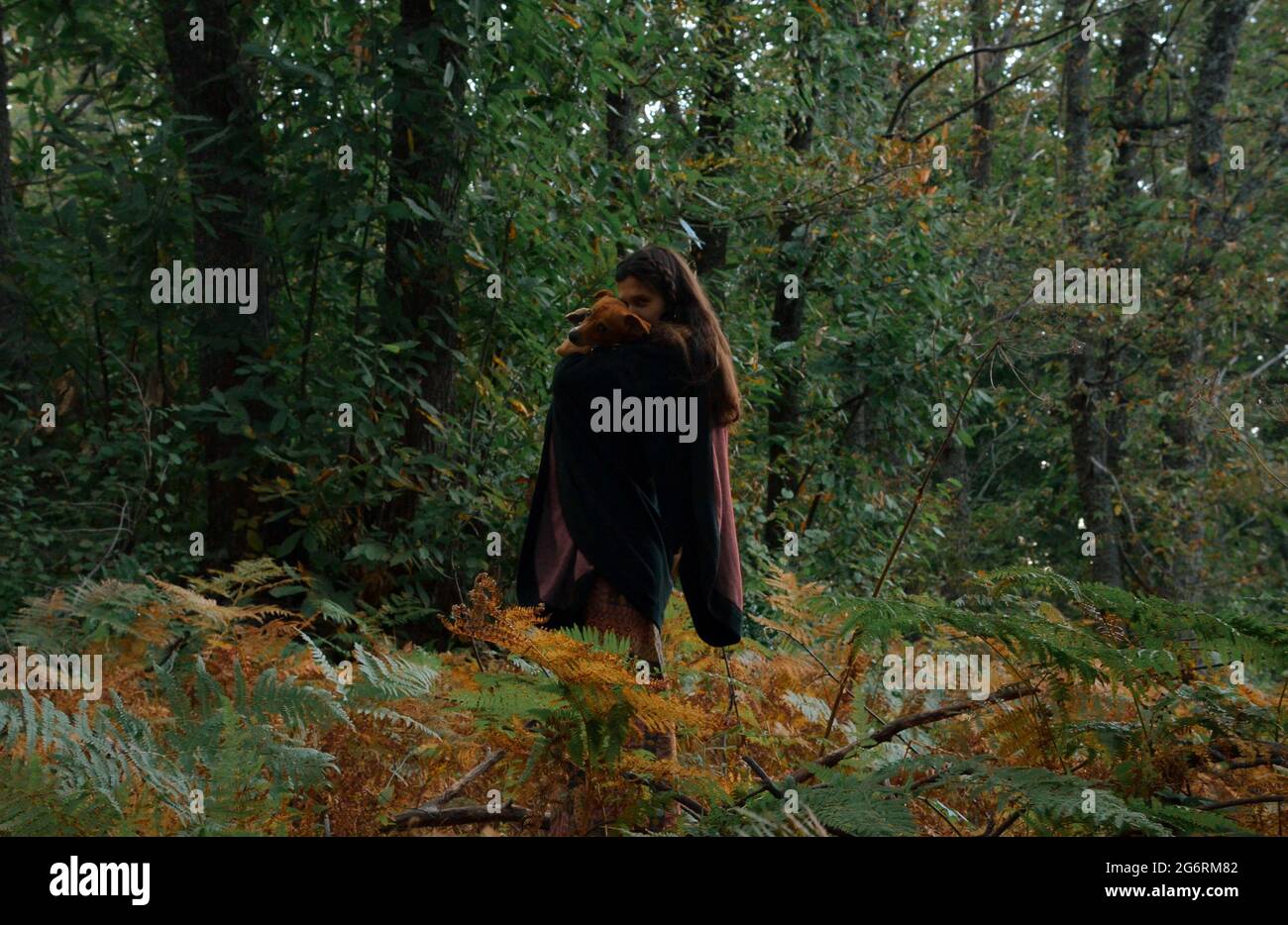 Ein Mädchen mit ihrem Hund in den Bergen Stockfoto