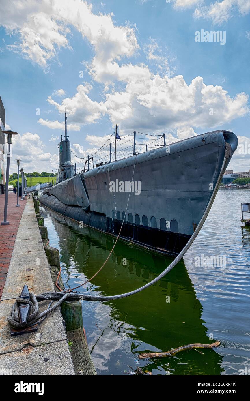 US Submarine Torsk ist Teil des Historic Ships in Baltimore Maritime Museum. Der Sub patrouillierte vor Japan während des Zweiten Weltkriegs. Stockfoto