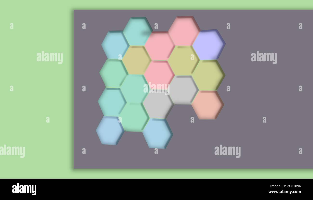 Bunte sechseckige Form leere Visitenkarte, Text Info Grafikdesign, geometrisches Konzept 3d Rendering Illustration, Platz für Text Stockfoto