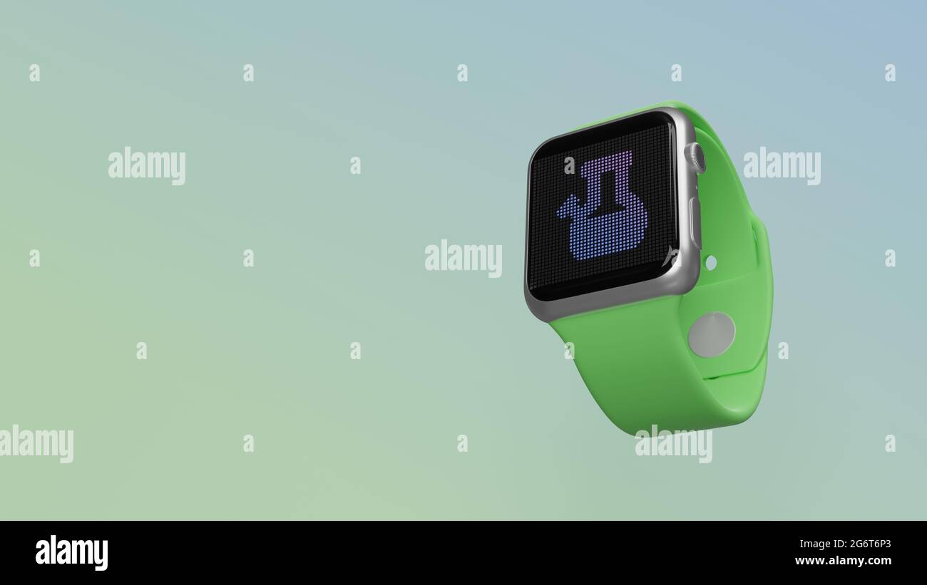 Smart Watch 3d-Rendering mit Bong-Symbol auf lcd-Display isoliert auf farbigem Hintergrund. Ansicht von der Seite nach unten. Stockfoto