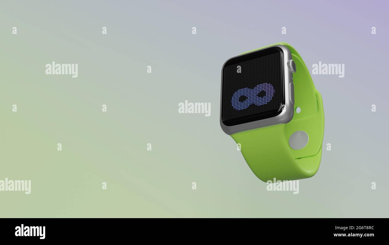 Smart Watch 3d-Rendering mit dem Symbol für das Unendlichkeits-Zeichen auf dem lcd-Display, isoliert auf farbigem Hintergrund. Ansicht von der Seite nach unten. Stockfoto