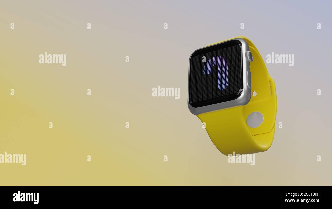Smart Watch 3d-Rendering mit Symbol für Süßigkeiten süß auf lcd-Display isoliert auf farbigem Hintergrund. Ansicht von der Seite nach unten. Stockfoto