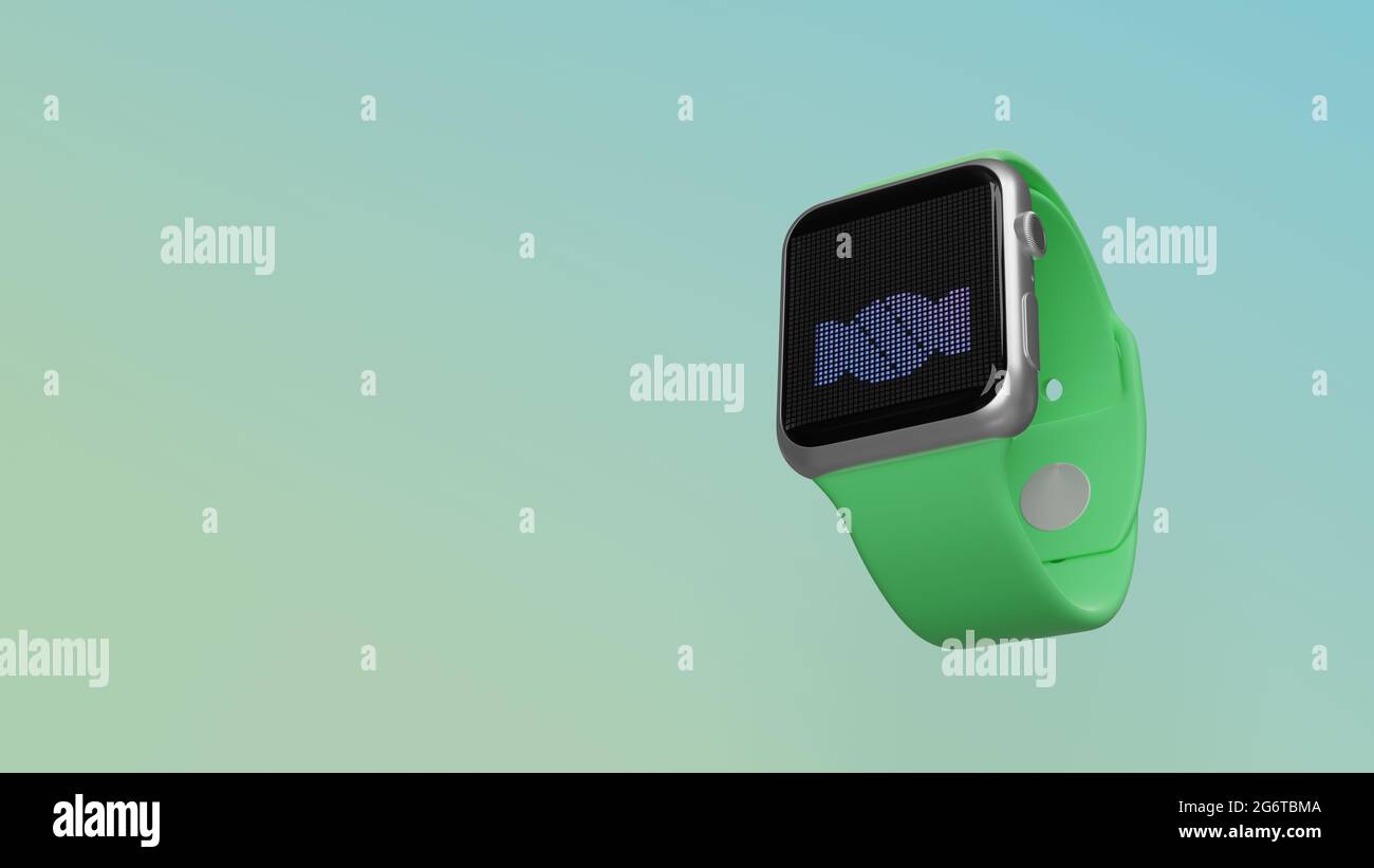 Smart Watch 3d-Rendering mit Symbol für Süßigkeiten süß auf lcd-Display isoliert auf farbigem Hintergrund. Ansicht von der Seite nach unten. Stockfoto