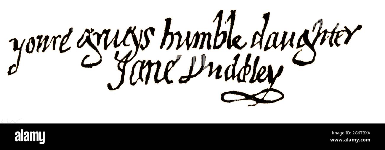 LADY JANE GREY - Unterschrift von Lady Janes aus der Publikation „Lady Jane Grey and her Times“ aus dem Jahr 1822. Die weitgehend vergessene Königin Jane (Lady Jane Gray (c. 1536 - 1554), später bekannt als Lady Jane Dudley (nach ihrer Ehe mit Lord Guildford Dudley). Die ehemalige englische Adlige ist wegen ihrer beenzten Herrschaft auch als die „neun Tage“-Königin bekannt. Sie regierte vom 10. Juli bis zum 19. Juli 1553 als Königin von England und Irland. Sie wurde wegen Hochverrats politisch verurteilt und war zum Zeitpunkt ihrer Hinrichtung durch Enthauptung erst 16 oder 17 Jahre alt. Sie wird immer noch von vielen als evangelische Märtyrerin angesehen. Stockfoto