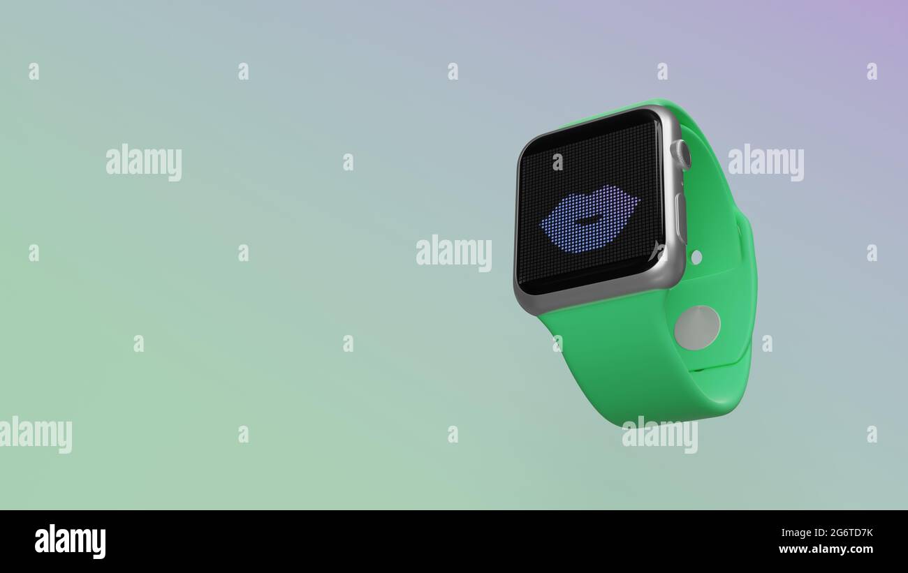 Smart Watch 3d-Rendering mit Symbol für Lächeln Lippen für Kuss auf lcd-Display isoliert auf farbigem Hintergrund. Ansicht von der Seite nach unten. Stockfoto