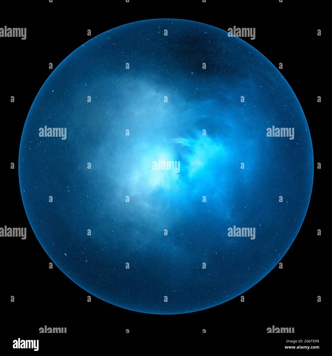 Blau glühender Nebelball, computergeneriertes abstraktes Objekt, isoliert auf Schwarz, 3D-Rendering Stockfoto