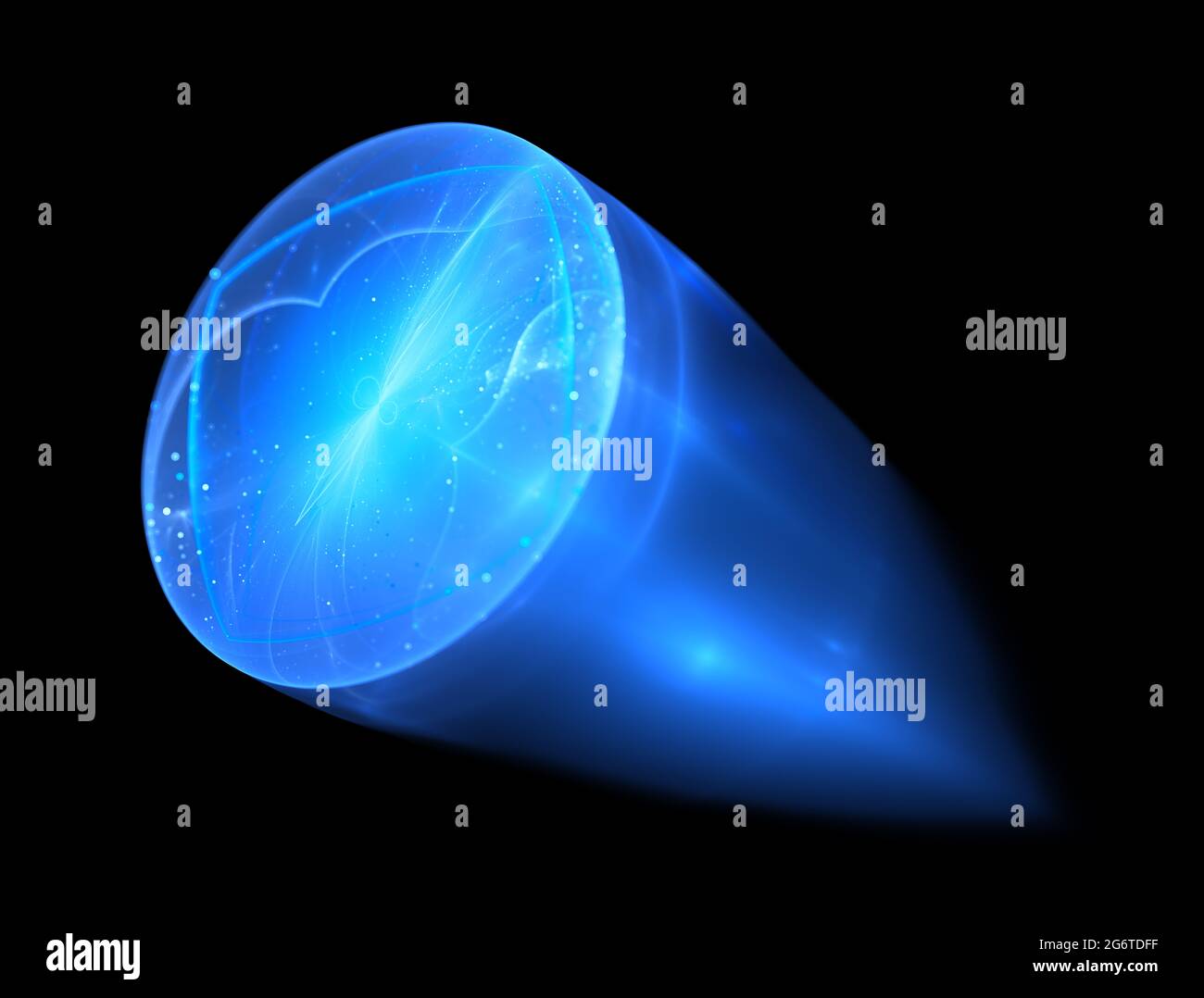 Blau glühend fliegendes futuristisches Ellipsoid mit Koma, computergeneriertes abstraktes Objekt, isoliert auf Schwarz, 3D-Rendering Stockfoto