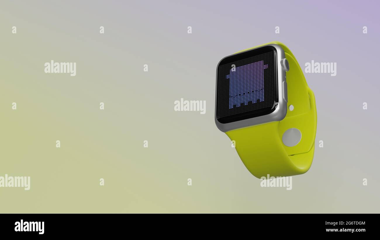 Smart Watch 3d-Rendering mit Symbol für hängende Handtuch im Badezimmer auf lcd-Display isoliert auf farbigem Hintergrund. Ansicht von der Seite nach unten. Stockfoto