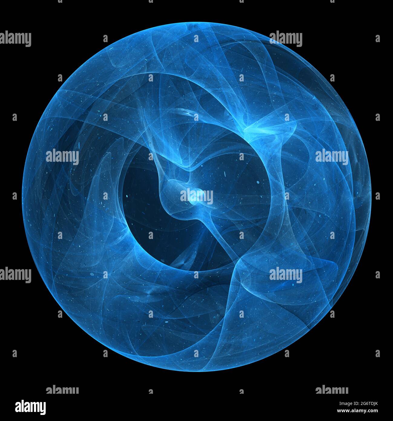 Blau leuchtende Kernfusion, computergeneriertes abstraktes Objekt, isoliert auf Schwarz, 3D-Rendering Stockfoto