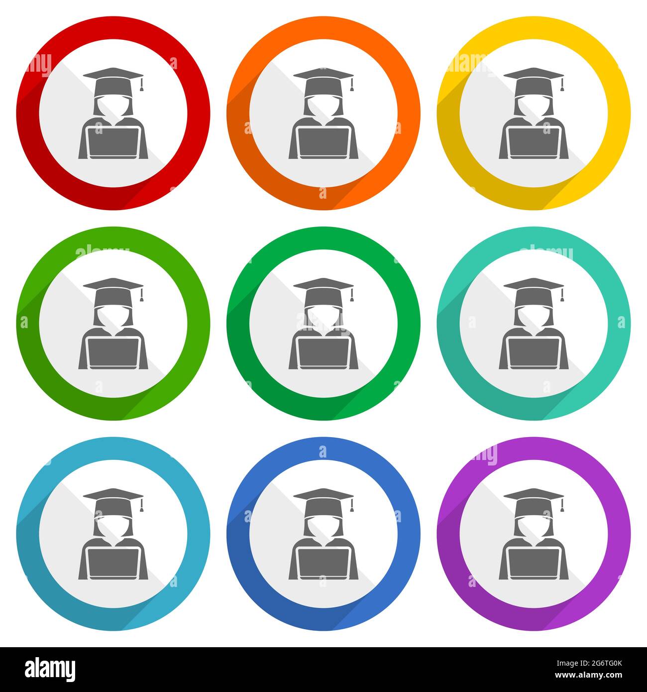 Student mit Laptop, Computer, Bildungs-Vektor-Icons, Satz von bunten flachen Design-Tasten für webdesign und mobile Anwendungen Stock Vektor
