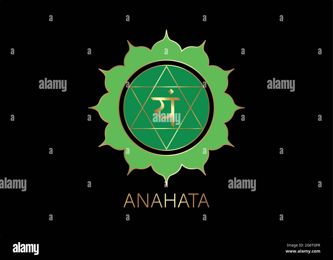 Anahata Viertes Chakra mit dem Hindu-Sanskrit-Samenmantra VAM. Grün ist ein flaches Design-Symbol für Meditation, Yoga. Gold Logo Vorlage Vektor ist Stock Vektor