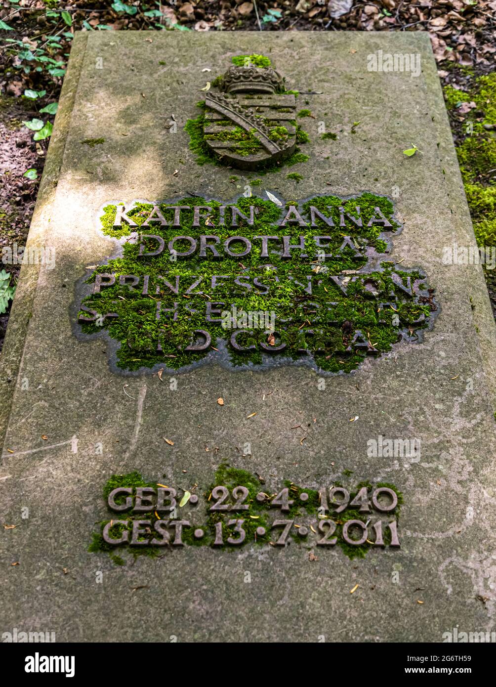 Friedhof des Hauses Sachsen-Coburg und Gotha bei Coburg, Deutschland. Grab von Katrin Anna Dorothea, Prinzessin von Sachsen Coburg und Gotha Stockfoto