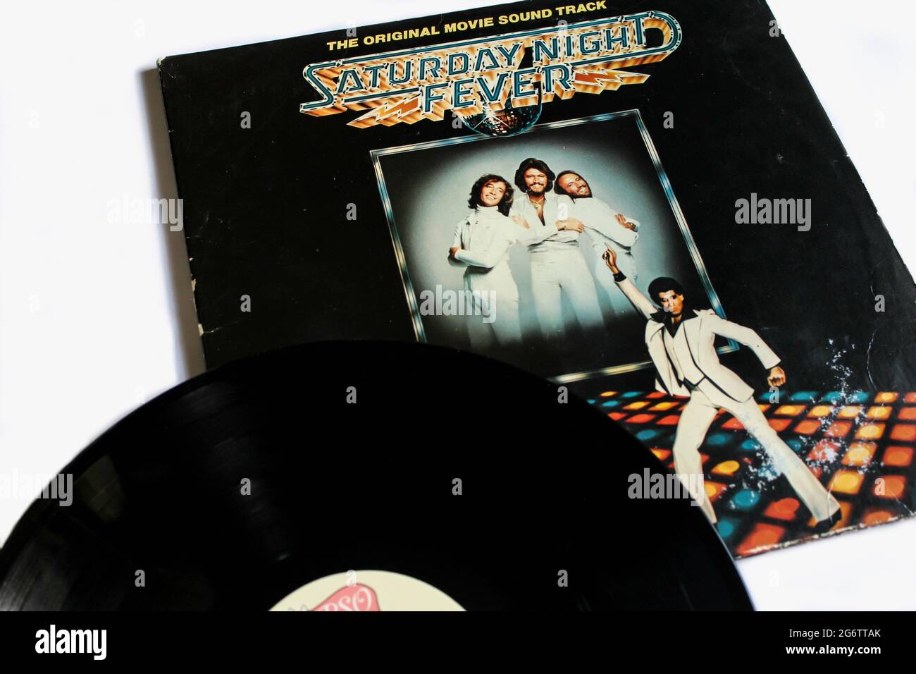 Saturday Night Fever der Soundtrack aus dem Film Saturday Night Fever mit John Travolta-Musik von The Bee Gees. Disco und Soul Album Cover Vinyl Stockfoto