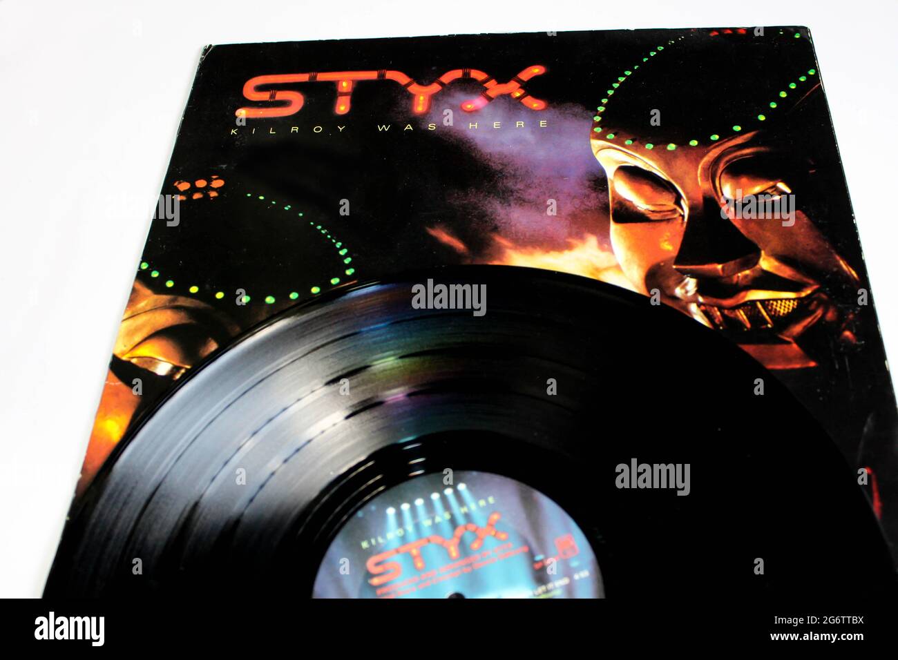 Progressive Rock und Hard Rock Band, Styx Musikalbum auf Vinyl LP Disc. Titel: Kilroy war hier Album Cover Stockfoto