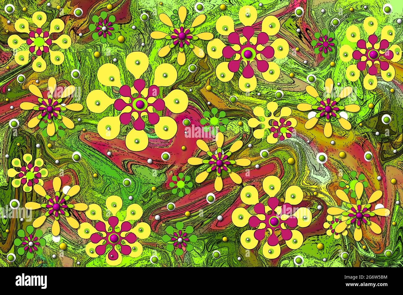 Hippie inspirierte abstrakte Bild von Blume Macht gegangen wild. Die Bewegung wird im Jetstream aus grünen und gelben Farbwirbeln dargestellt. Blumenformen fliegen thr Stockfoto