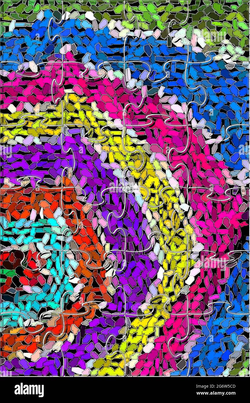 Mosaic Stil Puzzle hat nicht nur kleine ineinanderhängenden Pices im Bild, aber Puzzle auch Interlocks. Bild ist Regenbogenfarben in geschwungenen Bogen. Stockfoto