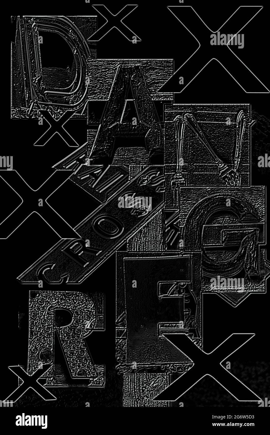 Grafische Darstellung des schwarzen Todes, der sich hinter der Gefahr und Warnung an Eisenbahnübergängen versteckt. Stockfoto