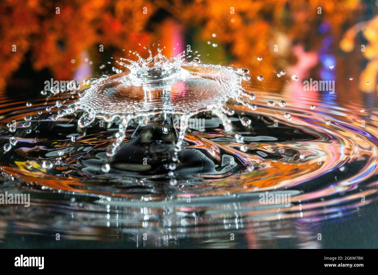 Krone auf einem Regenschirm nach einer Kollision mit einem Kristallwassertropfen Stockfoto