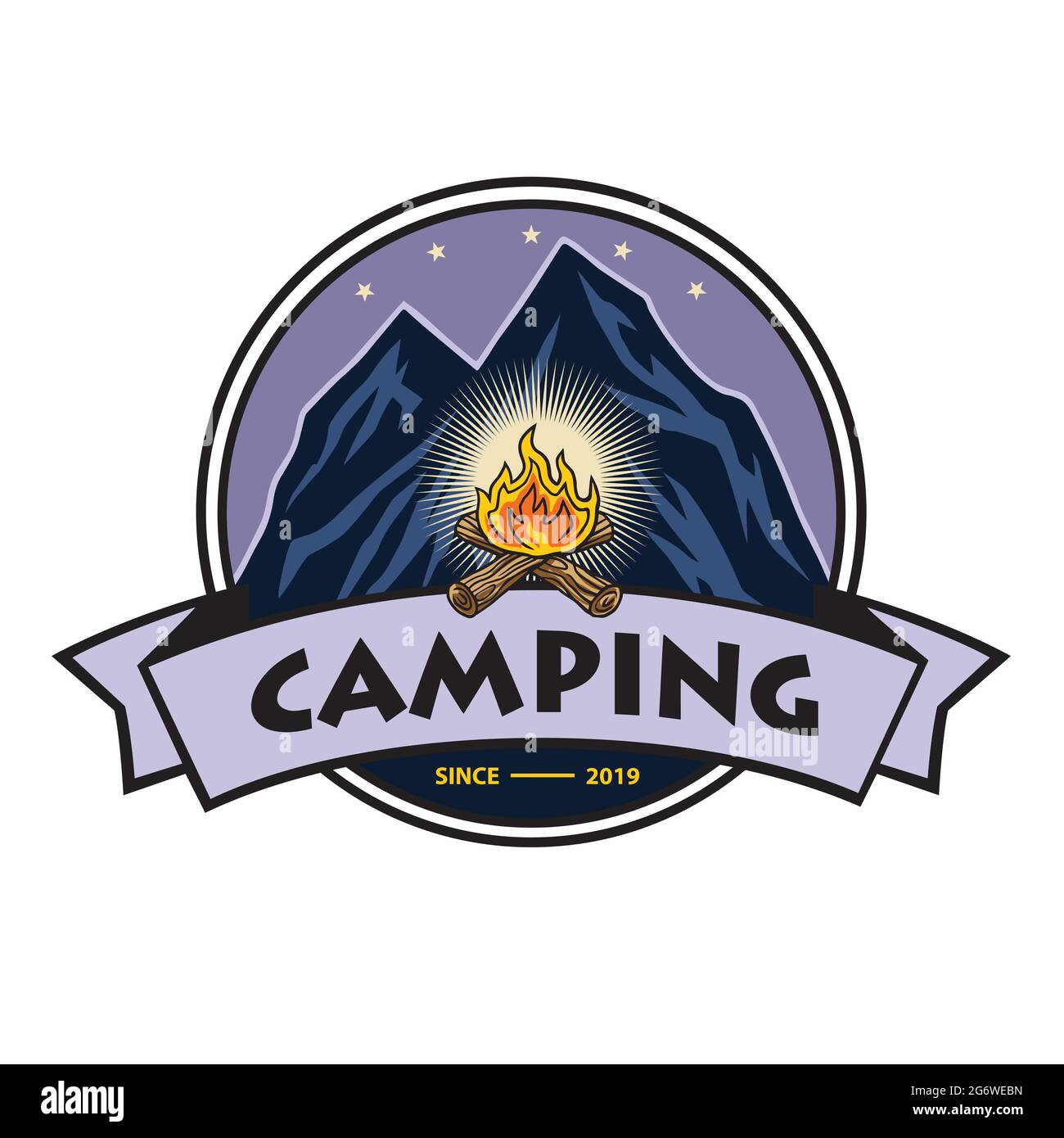 Logo für Bergabenteuer Lagerfeuer , Camping, Kletterexpedition. Vintage Vektor Logo und Labels, Icon Template Design Illustration Sign Stock Vektor