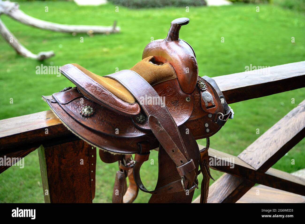 Schöner Lederpferdsattel auf einem Holzzaun. Kein Pferd, grünes Gras im Hintergrund. Stockfoto